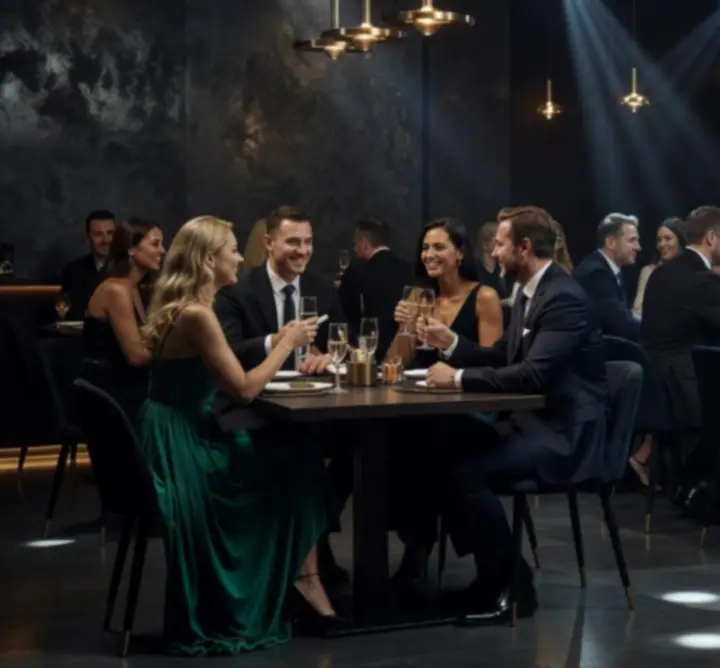 Elegáns esti esemény hangulatos fényekkel és társasági térrel